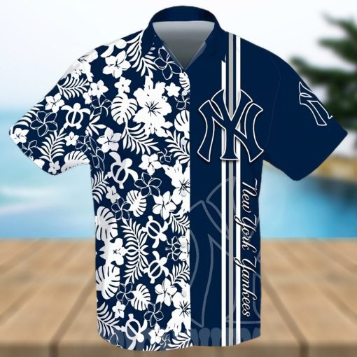 New York Yankees All Over Print Stripes Flowery Aloha Summer Beach Hawaiian Shirt – Navy