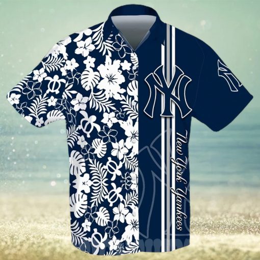 New York Yankees All Over Print Stripes Flowery Aloha Summer Beach Hawaiian Shirt – Navy