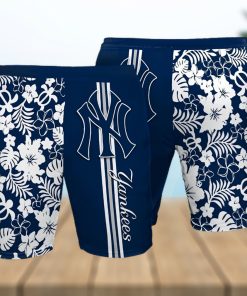 New York Yankees All Over Print Stripes Flowery Summer Hawaiian Beach Shorts – Navy