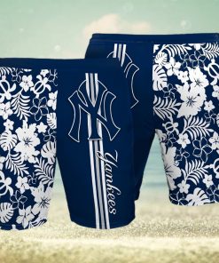 New York Yankees All Over Print Stripes Flowery Summer Hawaiian Beach Shorts – Navy