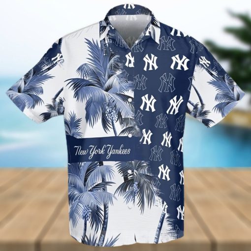 New York Yankees Palm Tree All Over Print Aloha Summer Beach Hawaiian Shirt – White Cobalt