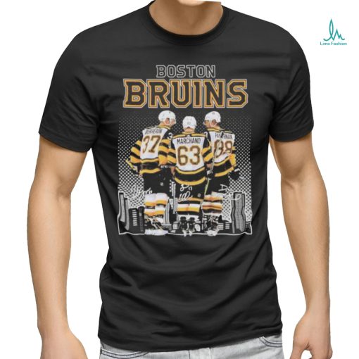 Official Boston Bruins 37 Bergeron, 63 Marchand and 88 Pastrnak city skyline signatures shirt