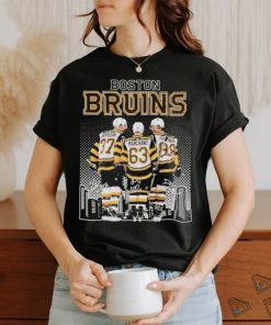 Official Boston Bruins 37 Bergeron, 63 Marchand and 88 Pastrnak city skyline signatures shirt