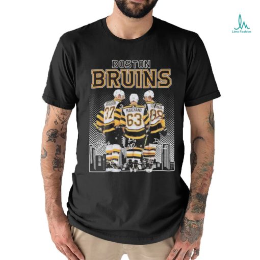 Official Boston Bruins 37 Bergeron, 63 Marchand and 88 Pastrnak city skyline signatures shirt