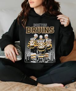 Official Boston Bruins 37 Bergeron, 63 Marchand and 88 Pastrnak city skyline signatures shirt