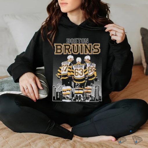 Official Boston Bruins 37 Bergeron, 63 Marchand and 88 Pastrnak city skyline signatures shirt