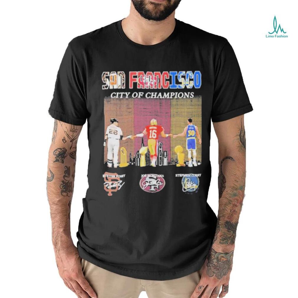 Official San Francisco City Of Champions Buster Posey Joe Montana And  Stephen Curry Signatures Shirt - Limotees