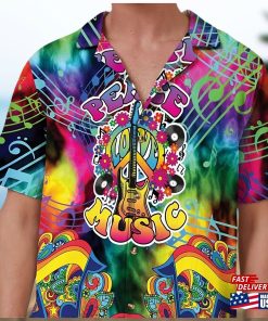 Peace Love Music Hippie Button Up Shirt Guitar Lover Colorful Hawaiian Boho