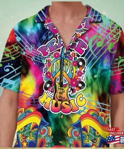 Peace Love Music Hippie Button Up Shirt Guitar Lover Colorful Hawaiian Boho