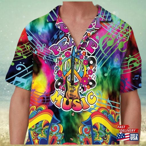 Peace Love Music Hippie Button Up Shirt Guitar Lover Colorful Hawaiian Boho