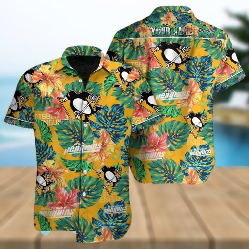 Pittsburgh Penguins NHL Custom Name Flower And Leaf Pattern Tropical Hawaiian Shirt