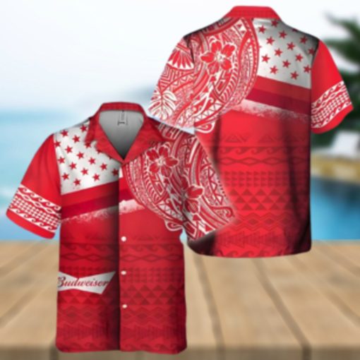 Red Aloha Budweiser Beer Hawaiian Shirt Polynesian Pattern