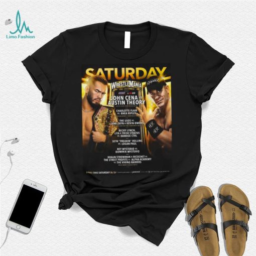 Saturday wrestlemania john cena and austin theory bad bunny helps rey mysterio win los angeles times shirt