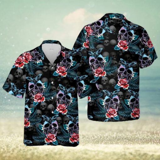 Skull Rose And Butterfly Black Aloha Hawaiian Shirt