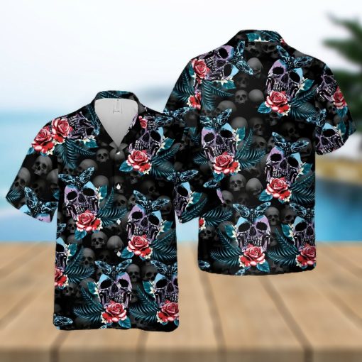 Skull Rose And Butterfly Black Aloha Hawaiian Shirt