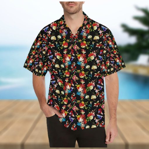 Skull Roses Flower Design Themed Print Hawaiian Shirt .