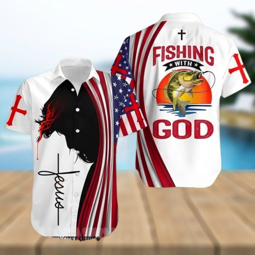 [Top selling Item] Jesus Bible Fishing With God American Flags 4th Of July Independence Day Summer Vibe Hawaiian Shirt