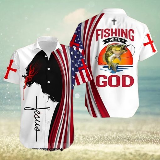 [Top selling Item] Jesus Bible Fishing With God American Flags 4th Of July Independence Day Summer Vibe Hawaiian Shirt