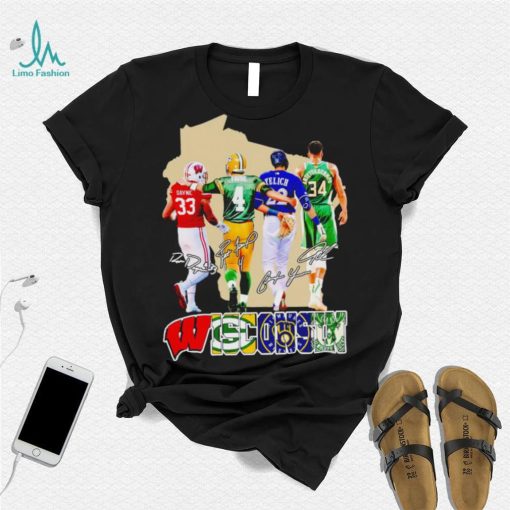 Wisconsin team sports Ron Dayne Brett Favre Christian Yelich and Giannis Antetokounmpo signatures shirt