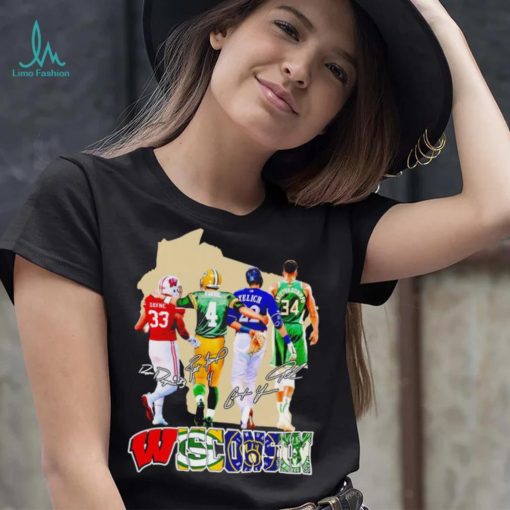 Wisconsin team sports Ron Dayne Brett Favre Christian Yelich and Giannis Antetokounmpo signatures shirt