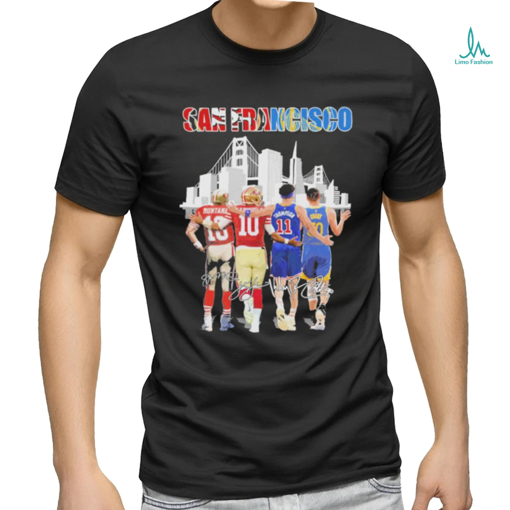 an Francisco Skyline Sports Teams Montana Garoppolo Thompson And Curry Signatures Shirt