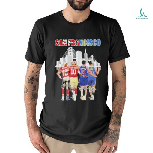 an Francisco Skyline Sports Teams Montana Garoppolo Thompson And Curry Signatures Shirt