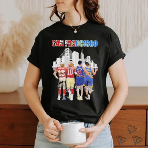 an Francisco Skyline Sports Teams Montana Garoppolo Thompson And Curry Signatures Shirt