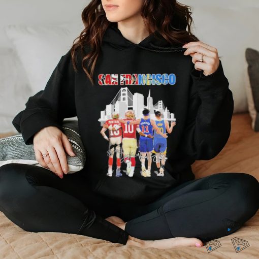 an Francisco Skyline Sports Teams Montana Garoppolo Thompson And Curry Signatures Shirt