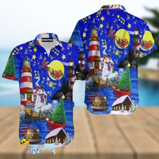 Amazing Sky In Christmas Day Santa Claus Lighthouse Blue Aloha 3D Hawaiian Shirt For Men And Women