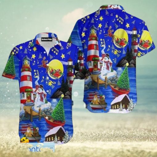 Amazing Sky In Christmas Day Santa Claus Lighthouse Blue Aloha 3D Hawaiian Shirt For Men And Women