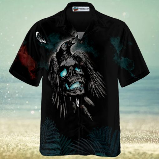 Artistic Gothic Crow Skull Goth Hawaiian Shirt, Black Hawaiian Shirt