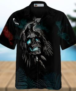 Artistic Gothic Crow Skull Goth Hawaiian Shirt, Black Hawaiian Shirt