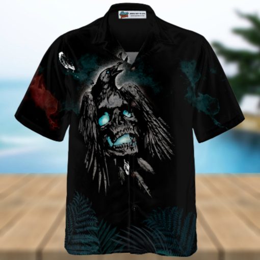 Artistic Gothic Crow Skull Goth Hawaiian Shirt, Black Hawaiian Shirt