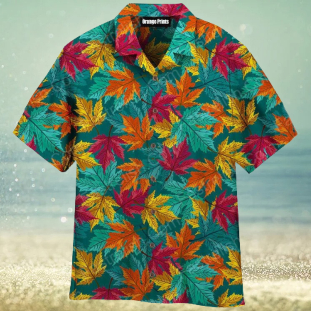 Autumn Maple Leaves Teal Pattern Aloha Hawaiian Shirt Autumn Maple Leaves Teal Pattern Aloha Hawaiian Shirt