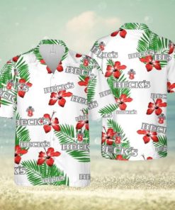 Beck’s Beer Hibiscus Flower And Tropical Palm Leaves Limited Hawaiian Shirt