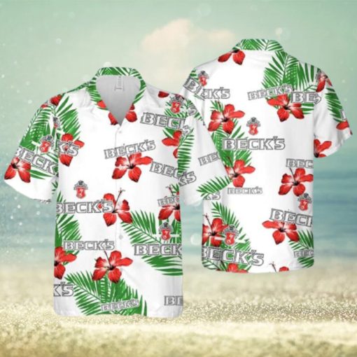 Beck’s Beer Hibiscus Flower And Tropical Palm Leaves Limited Hawaiian Shirt