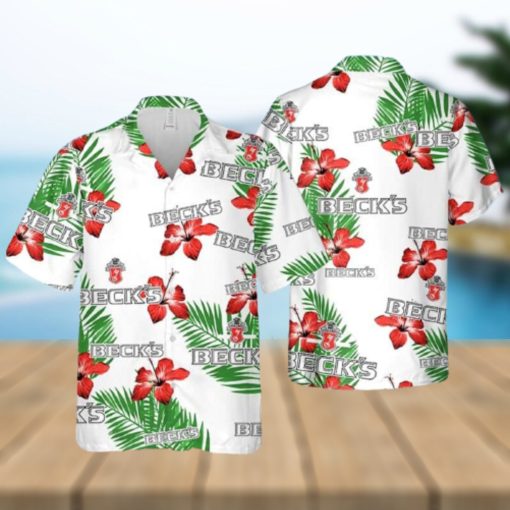 Beck’s Beer Hibiscus Flower And Tropical Palm Leaves Limited Hawaiian Shirt