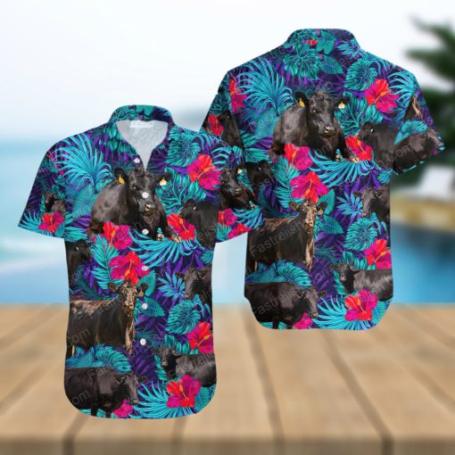 Black Angus Blue Neon Tropical Cattle Lovers Hawaiian Shirt