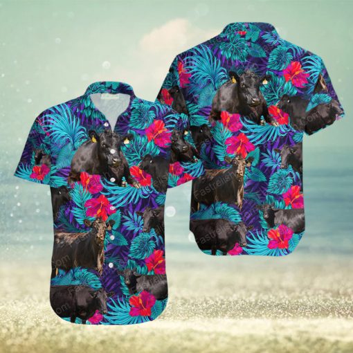 Black Angus Blue Neon Tropical Cattle Lovers Hawaiian Shirt