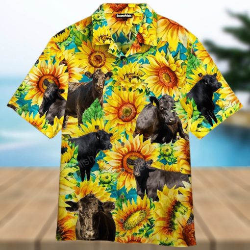 Black Angus Cattle Lovers Sunflower Watercolor Aloha Hawaiian Shirts