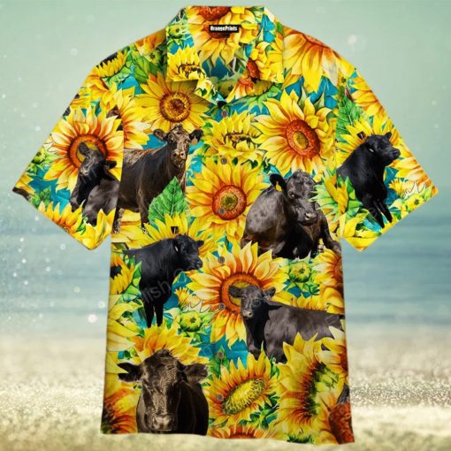 Black Angus Cattle Lovers Sunflower Watercolor Aloha Hawaiian Shirts