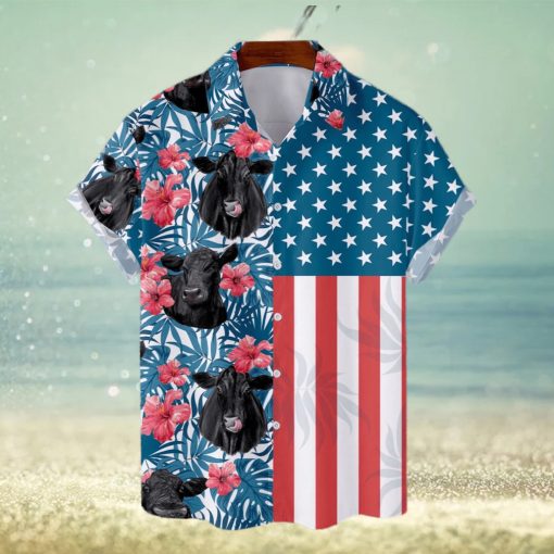 Black Angus Cow American Flag Short Sleeve Aloha Hawaiian Shirt Summer Gift For Men And Women