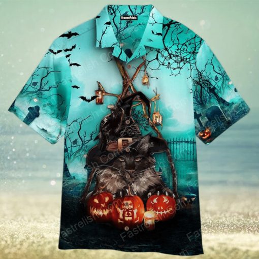 Black Cat And Pumkin Happy Halloween Aloha Hawaiian Shirt