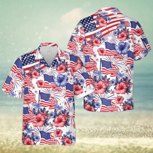 Flower American Flag Gift For 4th Of July Aloha Hawaiian Shirt