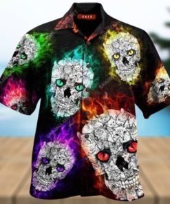 Hawaiian Aloha Shirts Glowing Cat Skull
