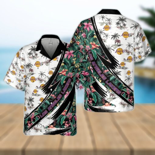 Los Angeles Lakers Hibiscus Flower And Tree Pattern Print Hawaiian Shirt