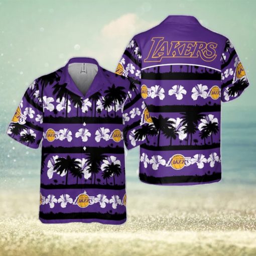 Los Angeles Lakers White Hibiscus Flower On Purple Background Print Hawaiian Shirt