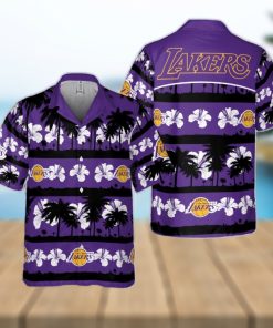 Los Angeles Lakers White Hibiscus Flower On Purple Background Print Hawaiian Shirt