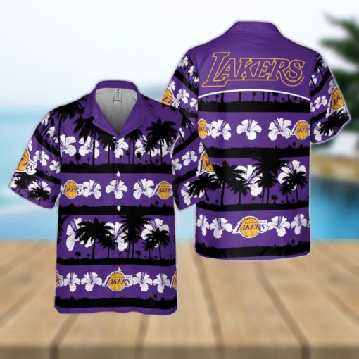 Los Angeles Lakers White Hibiscus Flower On Purple Background Print Hawaiian Shirt