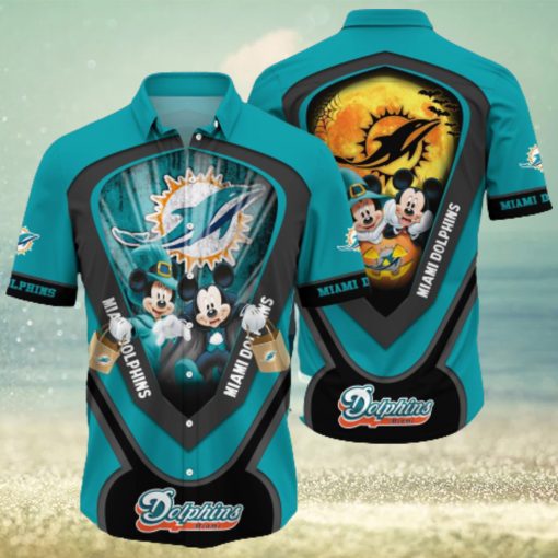 Nfl Miami Dolphins 3D Hawaiian Shirt Mickey And Minnie Big Moon Men And Women For Fans